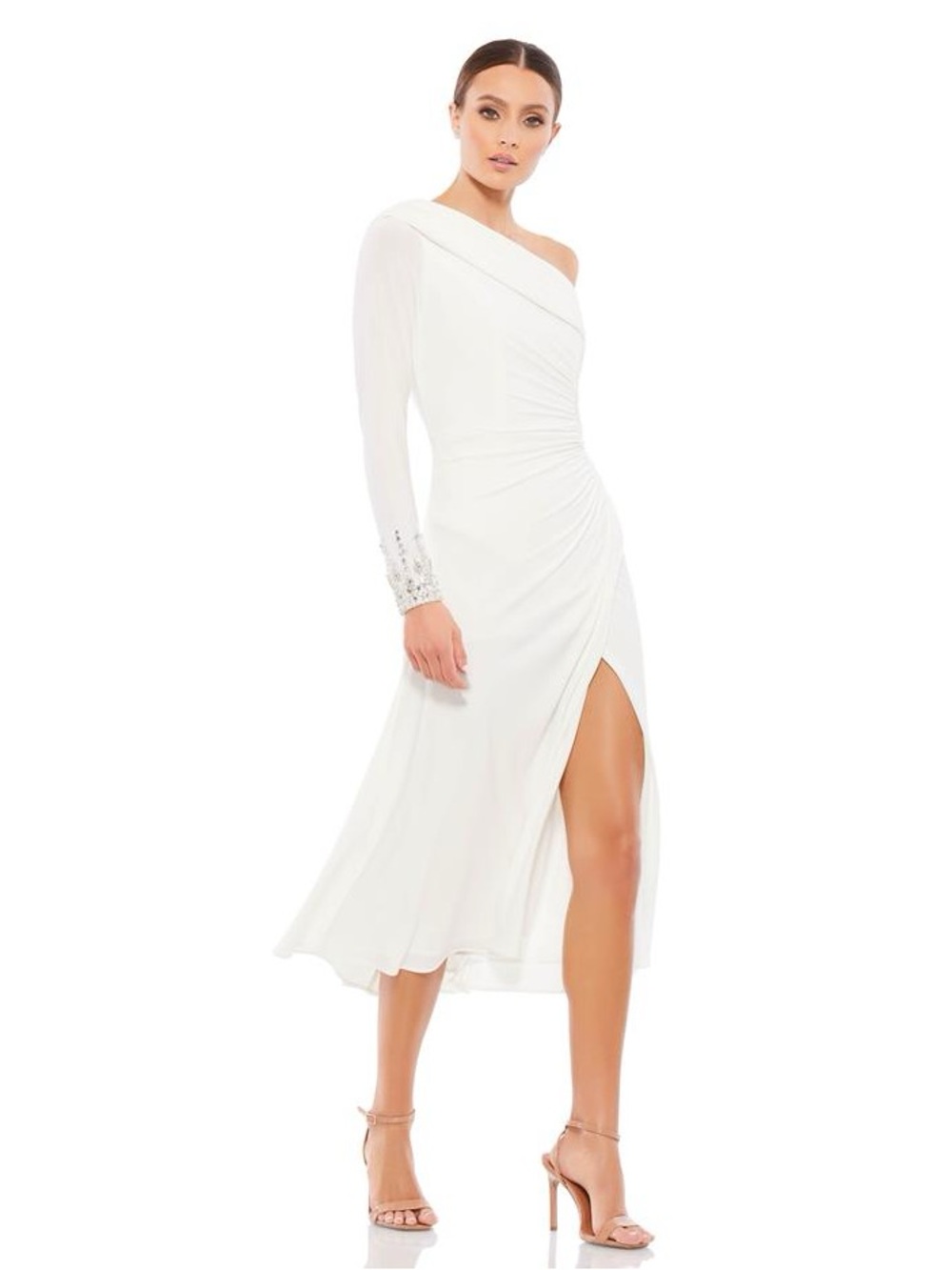 NWT MAC DUGGAL White Fold Over Long Sleeve Jeweled Midi Dress Size 14 - Picture 2 of 12